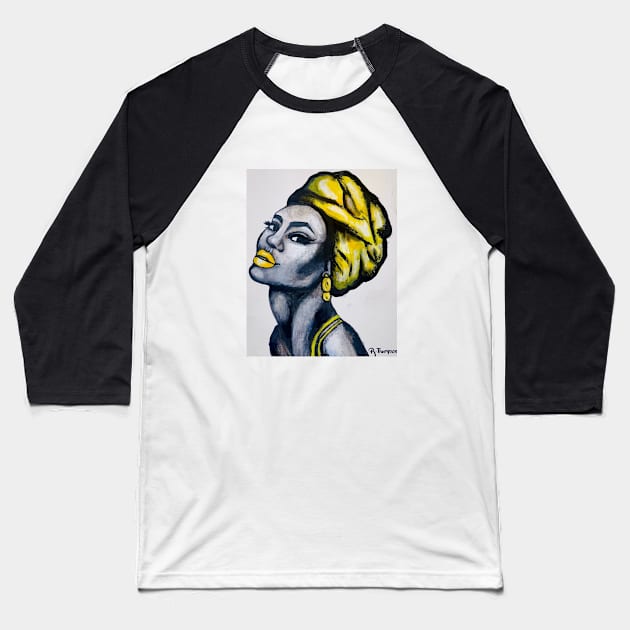 Lady in Yellow Baseball T-Shirt by Rororocker